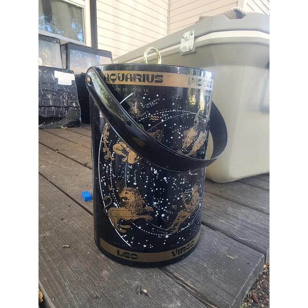 Vintage RARE Mid-century Black & Gold Celestial Horoscope Serving Ice Bucket HTF